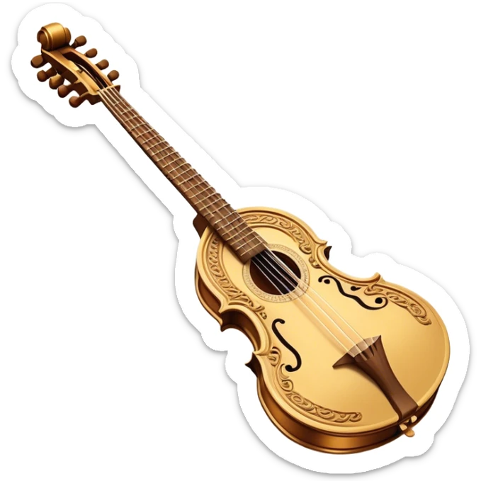 Bouzouki – Cinematic Realistic Bouzouki, depicted as a beautifully crafted Greek string instrument with a long neck and ornate fretwork, its polished wooden body reflecting warm golden light, set on a rustic background with soft shadows that evoke traditional Mediterranean music. sticker