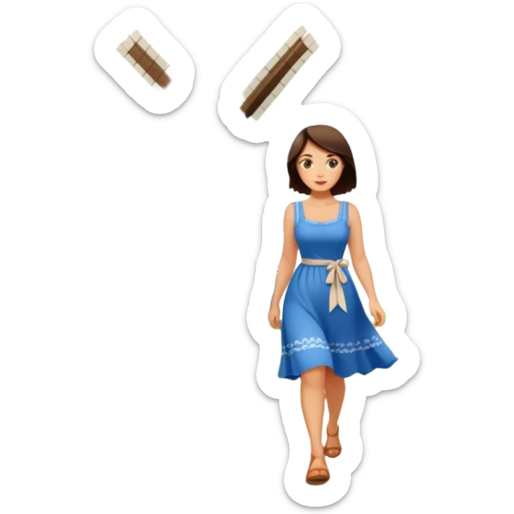 Pretty, sexy, slightly curvy white woman with short dark brown hair, walking near a Dutch windmill sticker