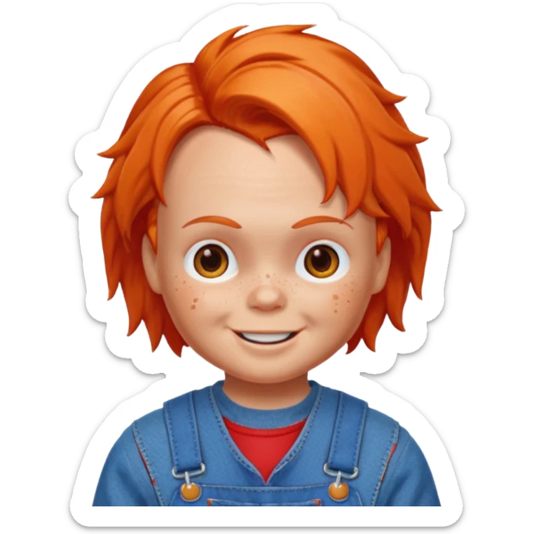 Chucky doll emoji smiling with freckles, orange hair, blue overalls, apple style emoji sticker