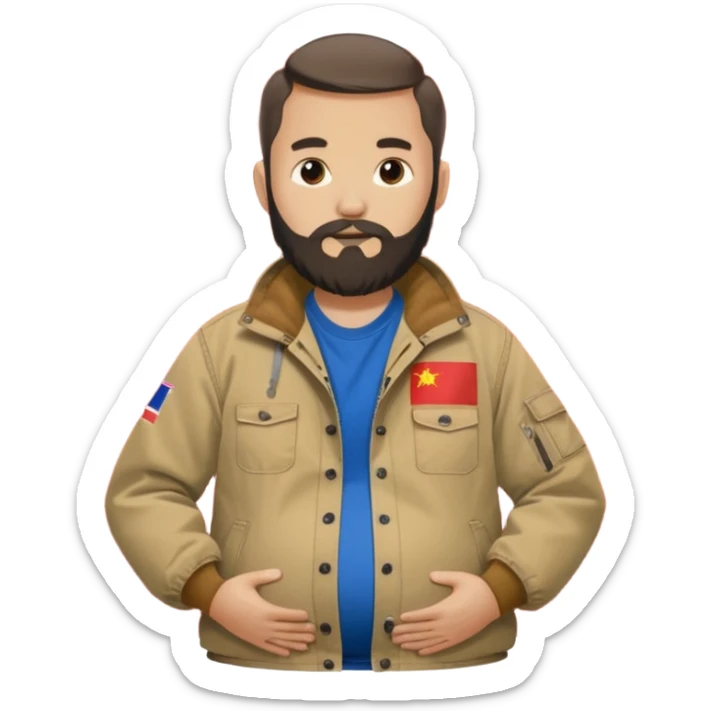 Bearded man rubbing pregnant belly poking out of a chinese flag shirt wearing a tan canvas carhartt jacket sticker