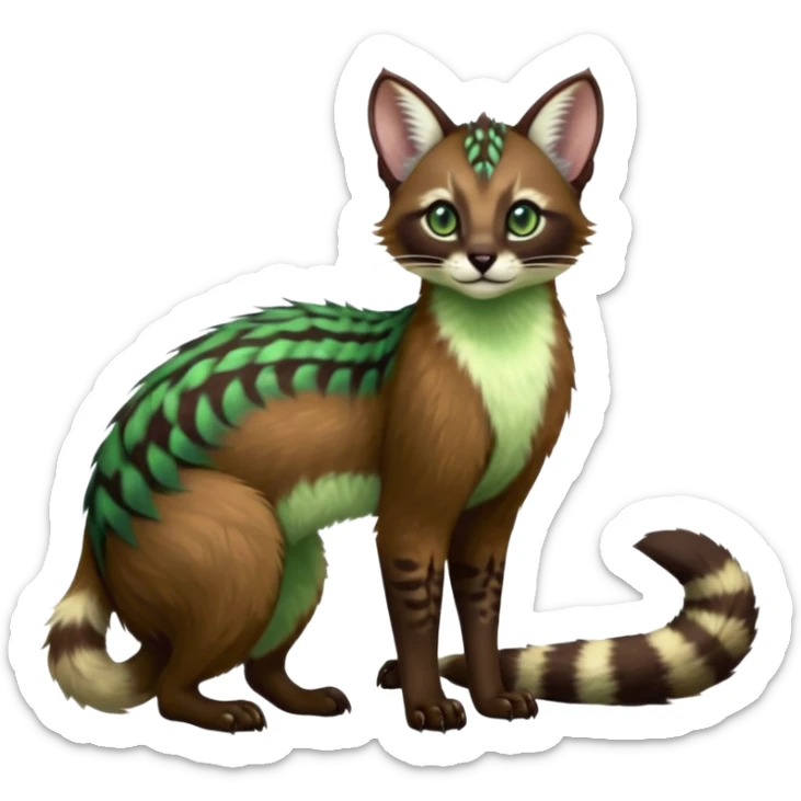Colorful dark chocolate-brown tropical beige, white fur, with green eyes, iridescent glorious divine exotic cute cool beautiful shiny beautiful fantasy-caracal-civet-genet-sergal-vernid-Cacomistle-oncilla-animal-Fakémon-hybrid-fursona with pattern markings (full body) sticker