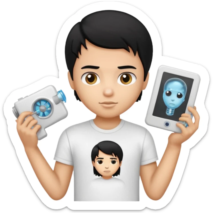 generate a pretty bratz emoji of a boy with black hair wearing a white tshirt and holding a cT sticker