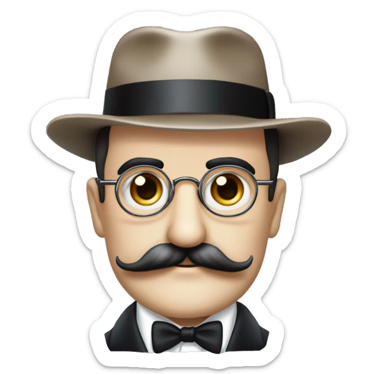 Hercule Poirot. Tête ronde. moustache peignée. Crâne chauve. Yeux marrons. Lunettes binocles. Chapeau sticker