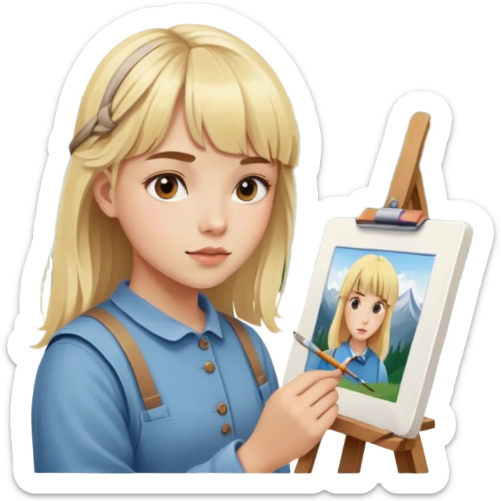 young painter with blond hair and bangs girl  draws copy from life in the mountains sticker