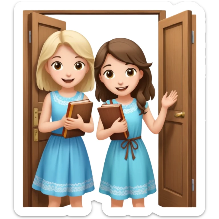 Two girls knocking on a door with a book on their hand happy and nice flowy dresses sticker
