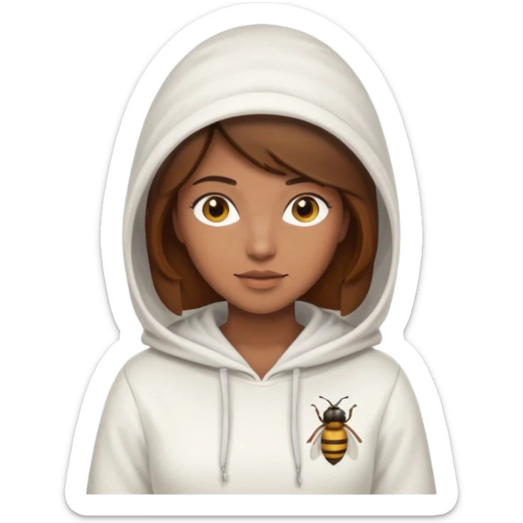 female bee keepers with brown hair, white outfit, white hood, brown skin sticker