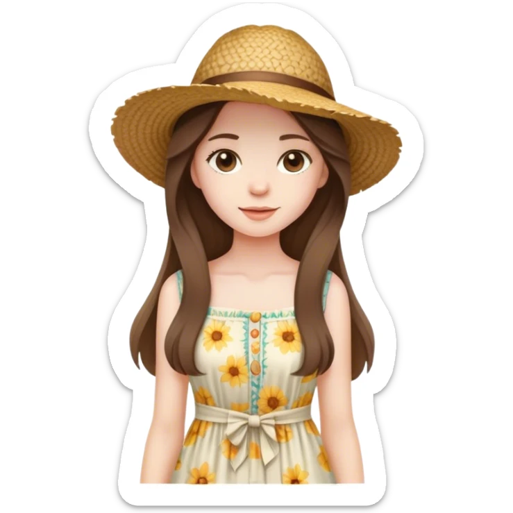 beautiful pale brunette girl with long hair in a summer dress and straw hat sticker