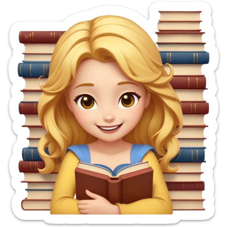 Cinematic Adorable Belle Portrait Emoji, Giggling as she hugs a stack of books, eyes twinkling with excitement, golden hair tousled slightly, a perfect mix of beauty and endearing nerdiness! sticker