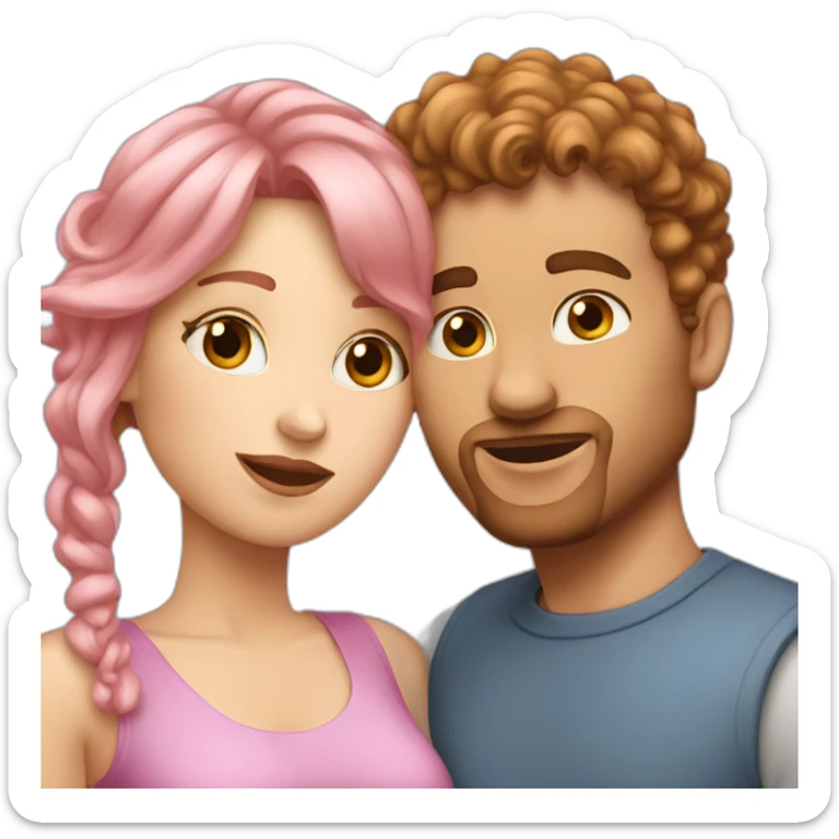 white woman with pink straight hair kissing with a white man with curly brown hair sticker