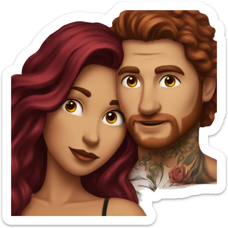Beautiful tattooed burgundy long haired woman laying on the boyfriends chest sticker