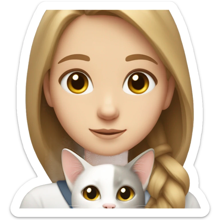 A girl with light brown hair and gray eyes hugs a white cat sticker