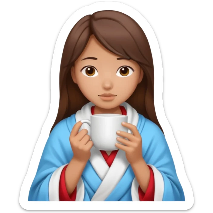cute and sexy asian slightly tanned girl, brown hair, feeling sick, nose is red due to sickness, covered by blanket, holding tea mug in hands sticker