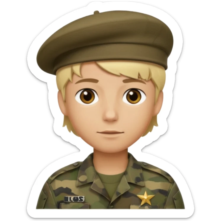 a soldier with short blonde hair in camo male in a beret  sticker