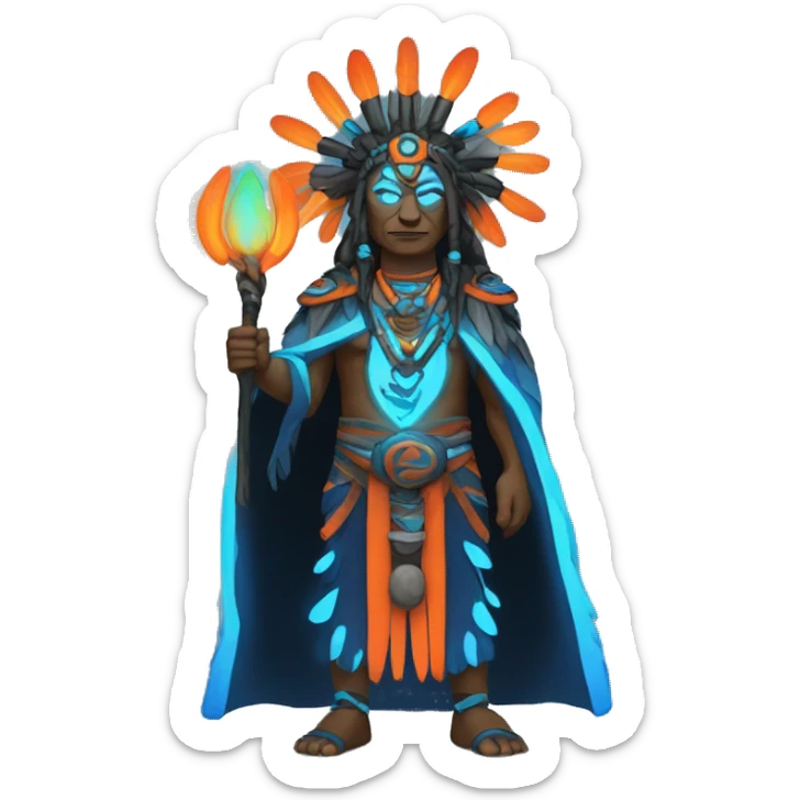 Tribal shaman in the robe and staff in black blue and orange neon colors sticker