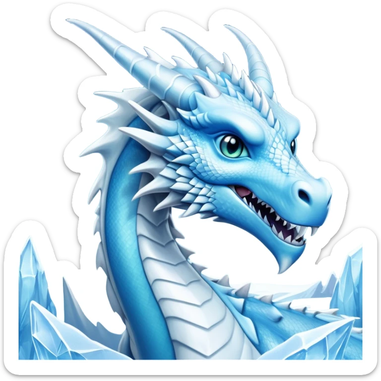 Cinematic Noble elegant Ice Dragon Portrait Emoji, Poised and imposing, distinct long elegant snout, with a slender, scaled body shimmering in glacial hues of icy blue, frostbitten silver, and crystalline white, breathing out frost, with piercing, glowing ice blue white eyes that radiate the chilling depths of an arctic storm; rendered in detail. sticker