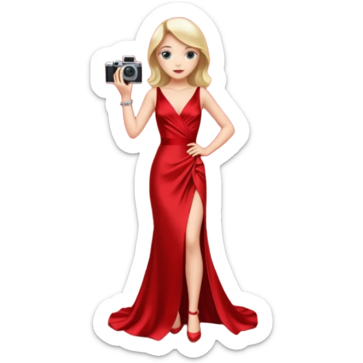 an actress standing on a red carpet with a formal dress, with only one film camera next to her. sticker