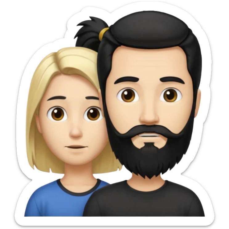 Man with long black hair tied in a tail and beard with a young blond short-haired without a beard sticker