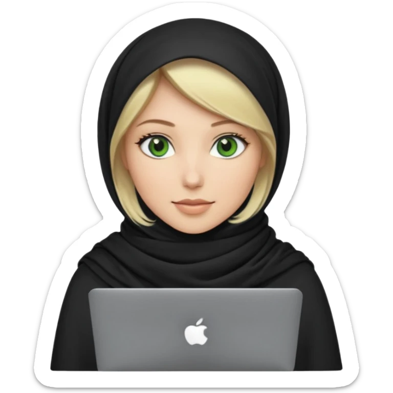 blond women skine , with green eyes , with black scarf hijab ,without hair, with macbook sticker