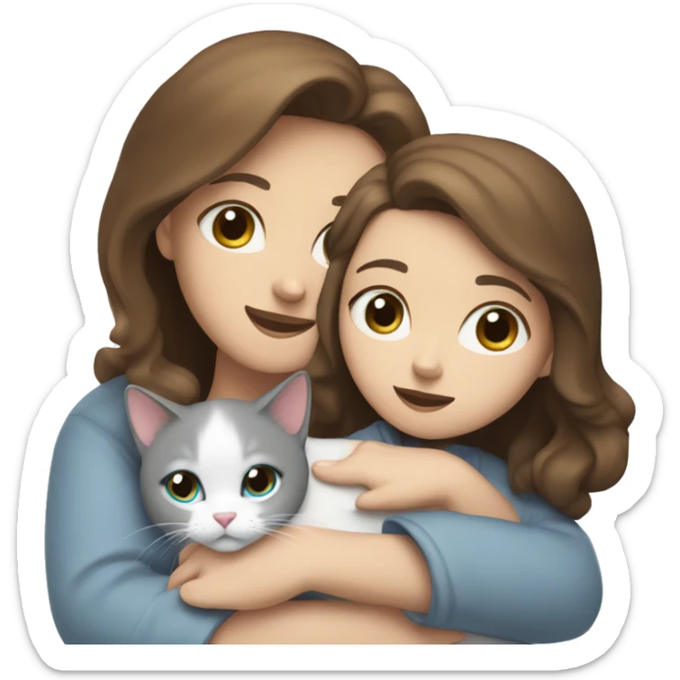 A girl with brown hair and blue eyes hugs a white-gray cat sticker