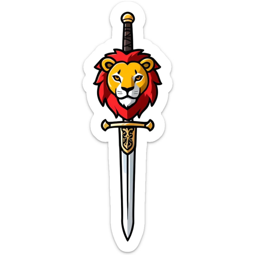 gold colored long sword with deep red handle and a gold lion on the end of the handle sticker