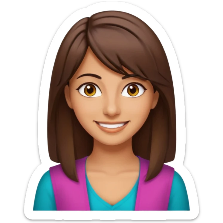 30 yr old middle eastern woman straight brown hair side bangs big smile tanned skin brown eyes colorful clothes sticker