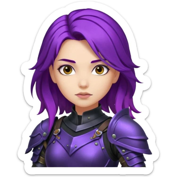 mysterious warrior girl with flowing purple hair, dressed in black armor, confident expression sticker