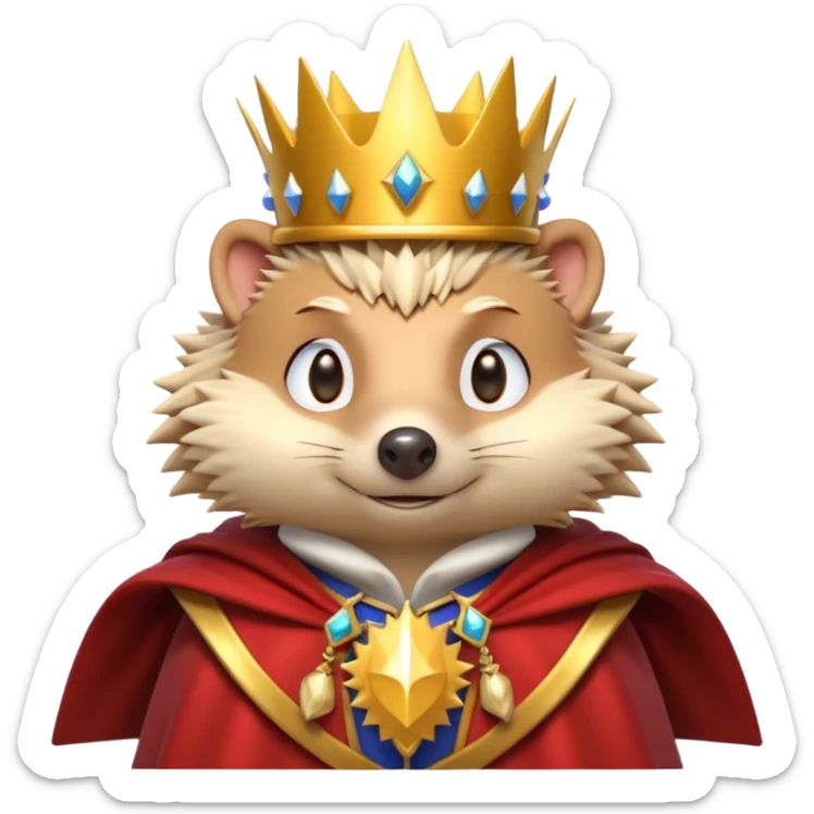 king hedgehog portrait, head and shoulders only, wearing a small golden crown, royal cape collar, proud confident expression, cute spiky fur details, fantasy royal vibe, 3D cartoon, mobile game icon style, clean background, no text, no watermark
 sticker