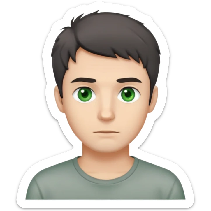 man with dark messy short hair, dark green eyes, wearing a gray t-shirt sticker