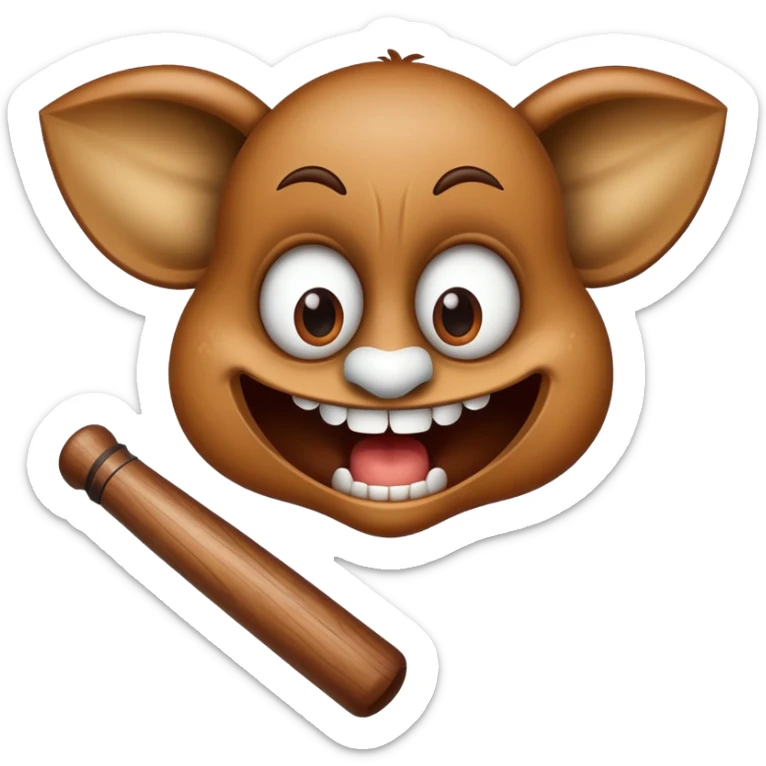 Brown baseball bat with cartoon eyes, a nose, and an open mouth showing teeth sticker