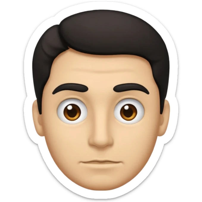 emoji a medio cuerpo hasta la cintura, hombros anchos, de un hombre, con cejas gruesas inclinadas hacia abajo, nariz medio grande, hombros anchos, sin sonrisa, hombros anchos, cabello ondulado con un corte adolecente, cabello negro. ojos negros. sticker