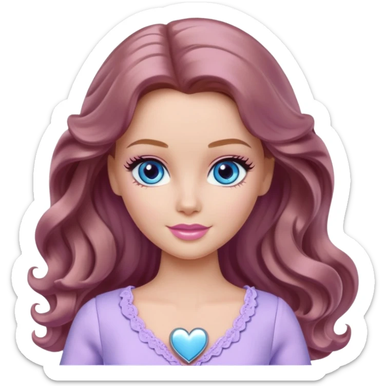 Barbie girl Chestnut long wavy hair and blue eyes is In pale purple clothes a silver heart  sticker