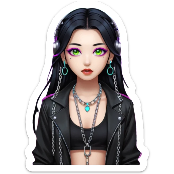  korean-techno-dj-girl,-wearing-a-stylish-edgy-outfit-with-metallic-chains,-long-black-hair,-performing-in-a-neon-lit-underground-club,-cyberpunk-aesthetic,-high-detail-3d-emoji-style,-energetic-and sticker