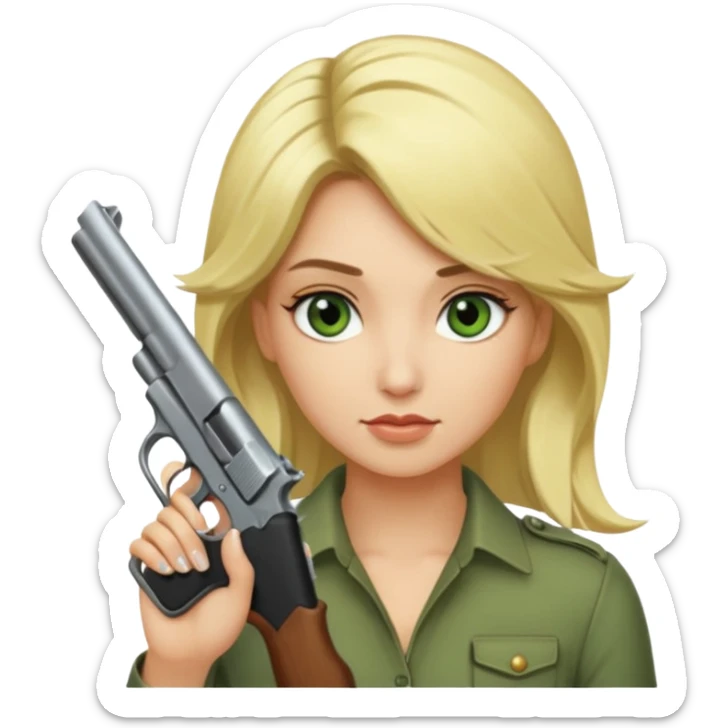 Emoji femme blonde cheveux blond, yeux vert avec de long cils noir qui porte un pistolet et à des cornes  sticker