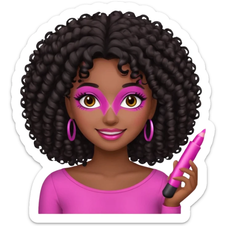 emoji of a young woman with dark brown skin, voluminous curly black hair, brown eyes, pink makeup, smiling sticker