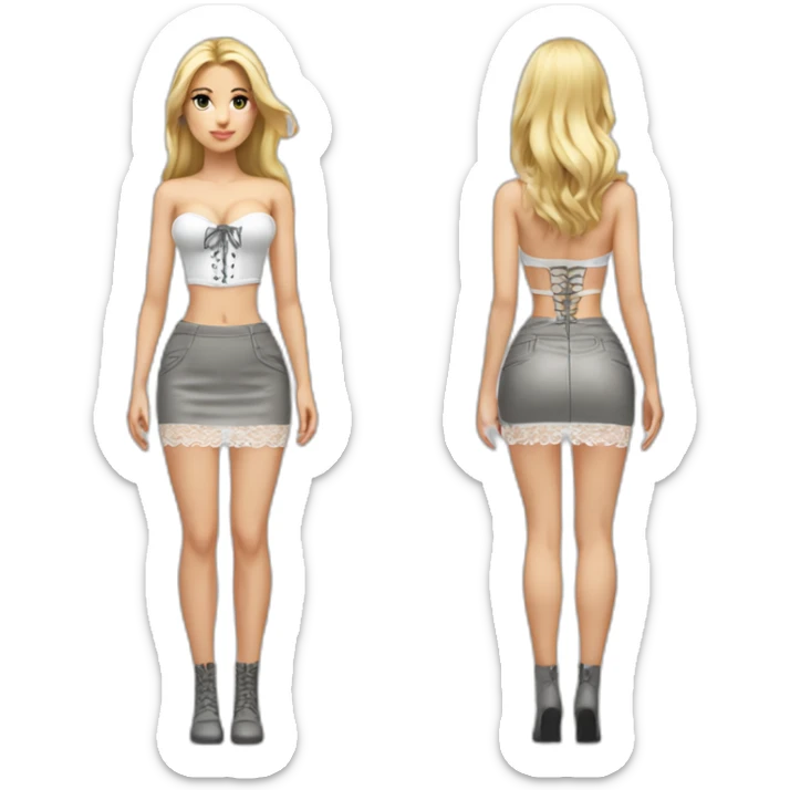 hyperrealistic caucasian female, long straight blonde hair, white lace up bustier, grey mini tight skirt, body view sticker