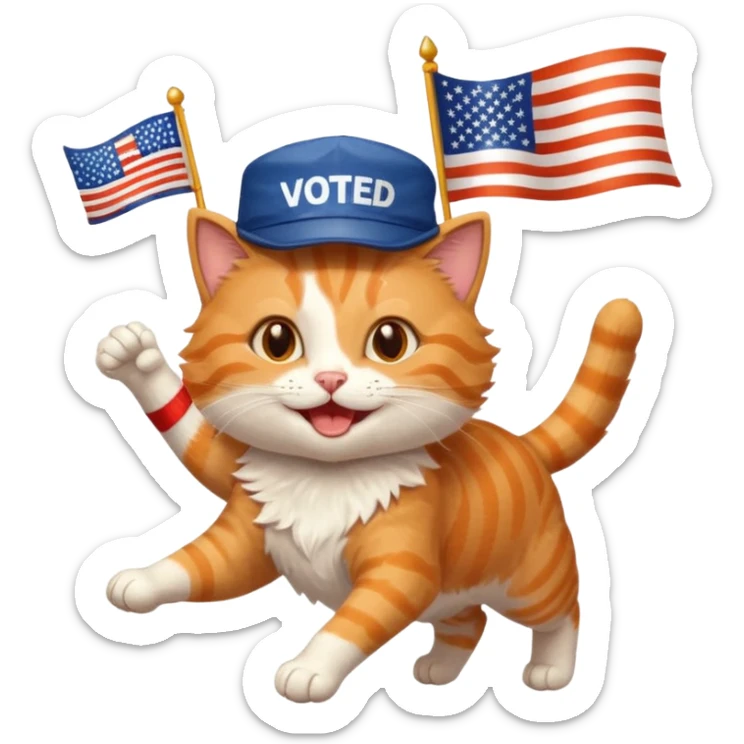 happy cat running for president with an "i voted" sticker and an american flag hat sticker