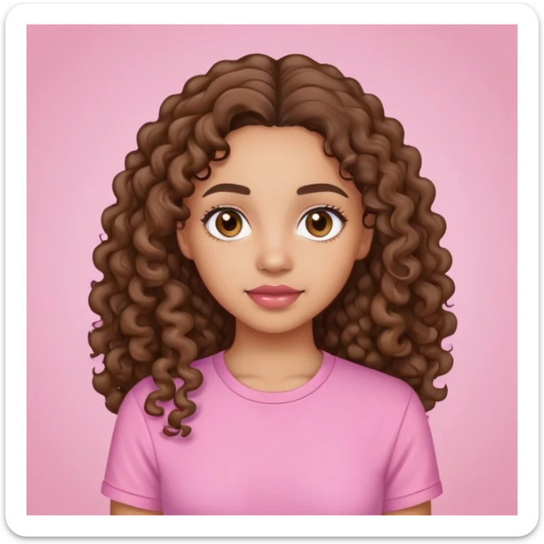 lightskin girl with long curly brown hair with brown eyes and a pink shirt sticker