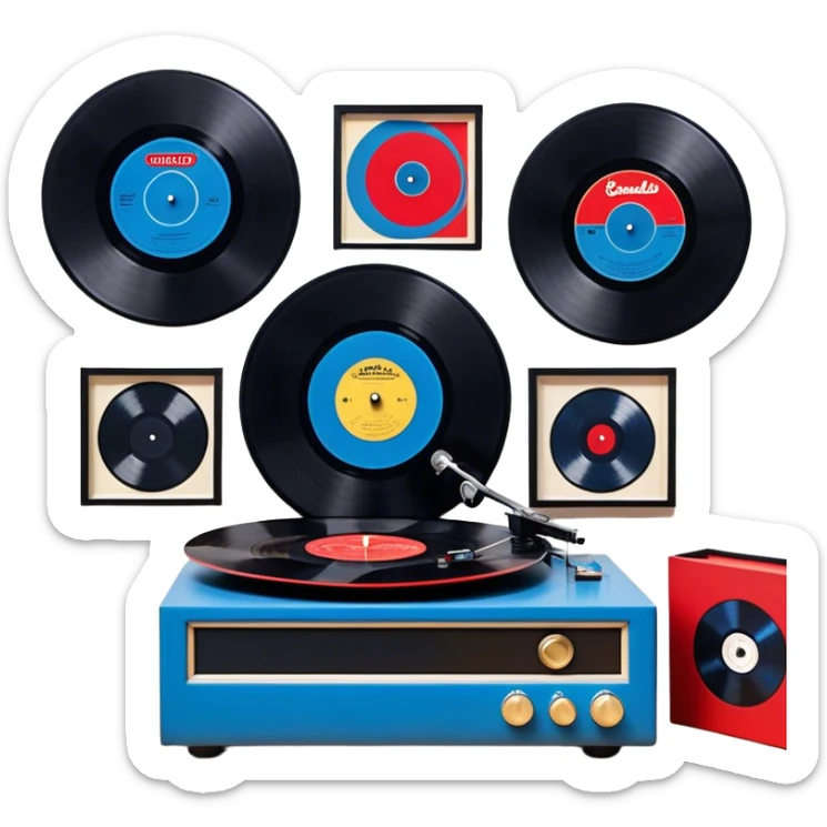 Icon for Vinyl Record Collecting: large black? red and blue vinyl records in decorative packaging featuring artist images, neatly arranged on a wall or shelf, vinyl record player. The icon should reflect the aesthetic and artistic aspect of collecting vinyl records. Transparent background. sticker