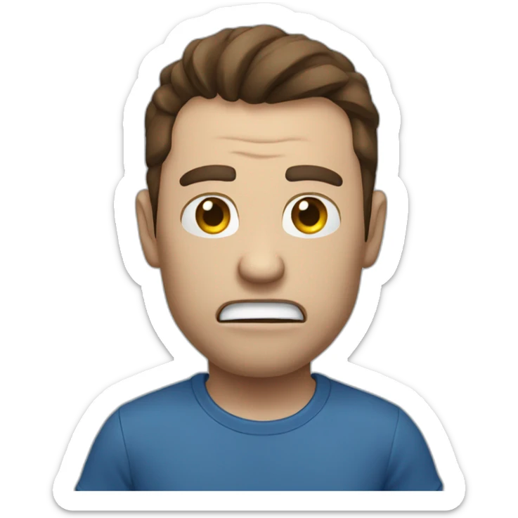 Angry man pointing towards you, blue t-shirt, brown hair, white skin sticker