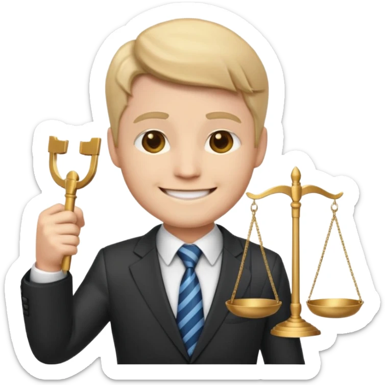 lawyer emoji, wearing suit and tie, holding scales of justice, neutral background sticker