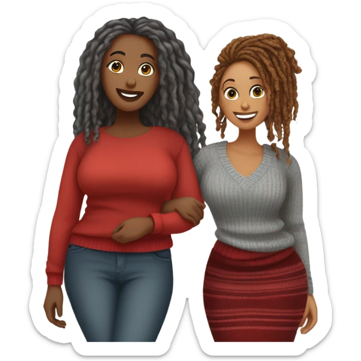 1st Curvy woman gray locs wearing pants , 2nd curvy woman is brown with red locs in a knee-length dress with a cozy sweater shopping sticker