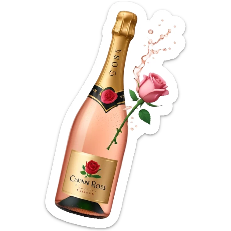 bottle of sparkling rosé champagne with a rose logo on the label, with the cork popping out from the top, tilted up and to the left, no glass sticker