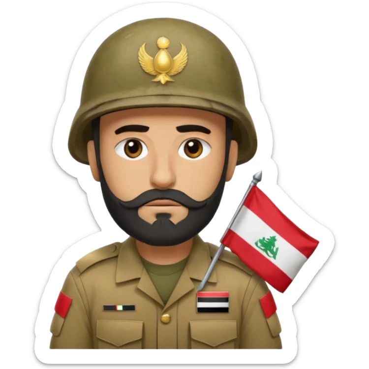 A tired, swarthy Iraqi soldier with a beard, an Iraqi flag on his helmet, a sad expression and bags under his eyes sticker