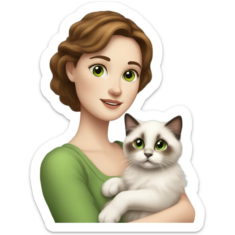 white woman with medium-length brown hair, green eyes and freckles on her nose, holding her birman kitten in her arms with much love, the baby cat has a lot of spots of dark on ears and middle of the face and blue eyes. sticker