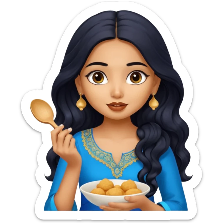 a pretty tan indian bratz girl with wavy long BLACK hair. eyeliner on, wearing a blue kurti, eating golgappa (without spoon) sticker