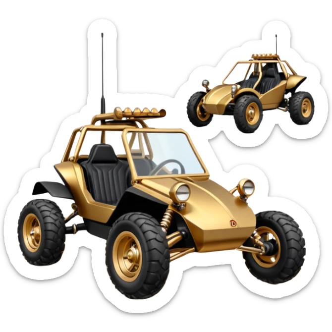 American southWest tarnished neon underglow C-3PO bounty hunter 1964 delicately ornate rosegold wood accents painted dune buggy buckboard powered by electric motors and batteries with safety and belts flying rapidly roughening terrain stable on strong agile advanced suspension and steering sticker