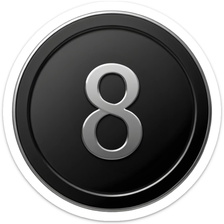 Emoji icon of a black coin with engraved number 8, minimalist style, isolated sticker