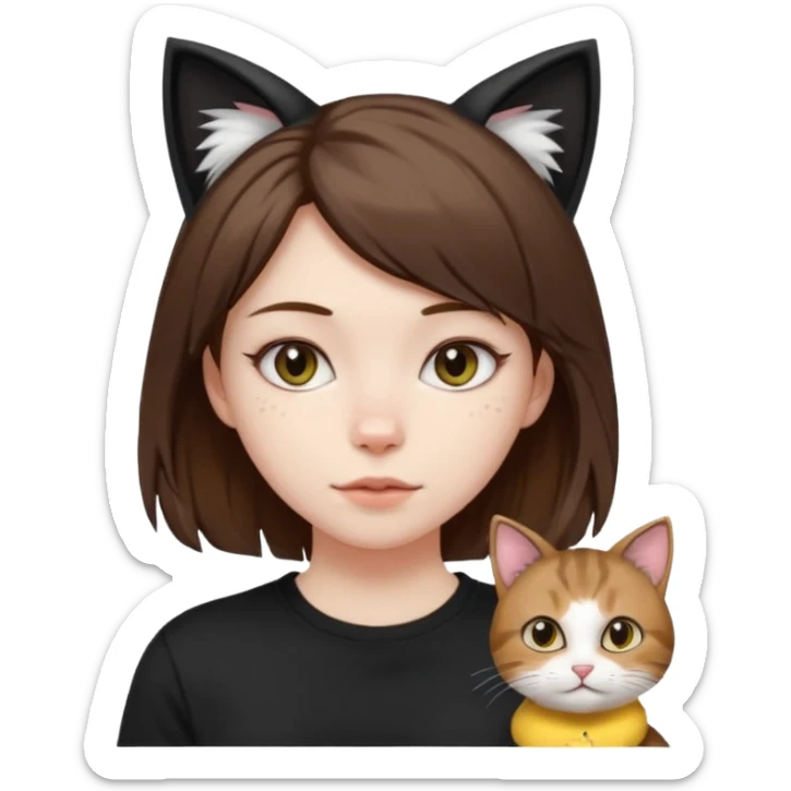a girl with pale skin, medium length brown hair with lots of dandruff , cat ears and a tail, with a black t-shirt on sticker