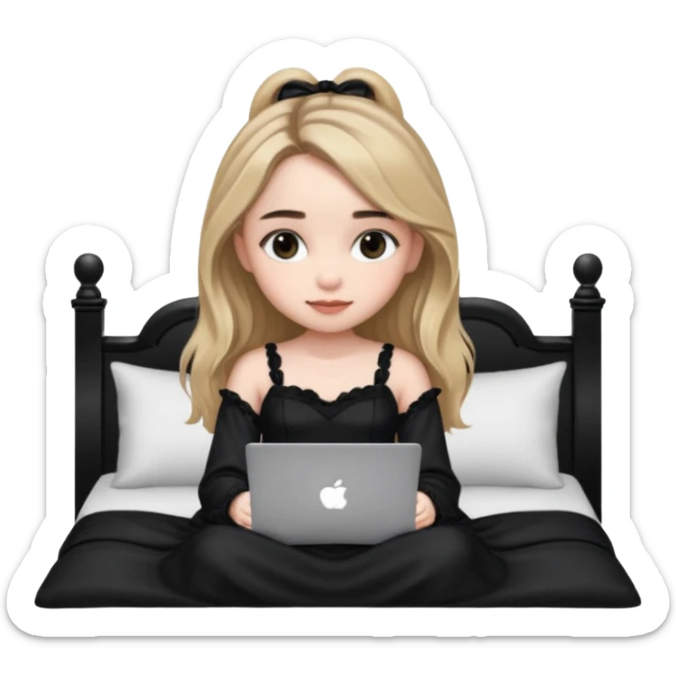 Sabrina carpenter in a black nightdress sitting on a bed with her laptop open  sticker