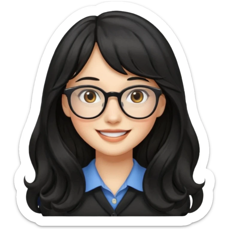 Please generate a portrait of a pretty girl with long, wavy, black hair. She's smiling. She also wears a middle parting and bangs. with glasses sticker